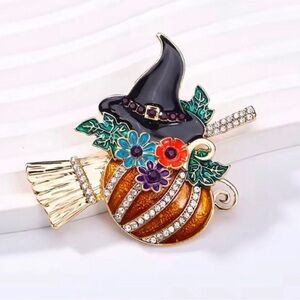 Halloween Pumpkin Witch Hat Brooch - Multicolor Enamel Crystal Pin